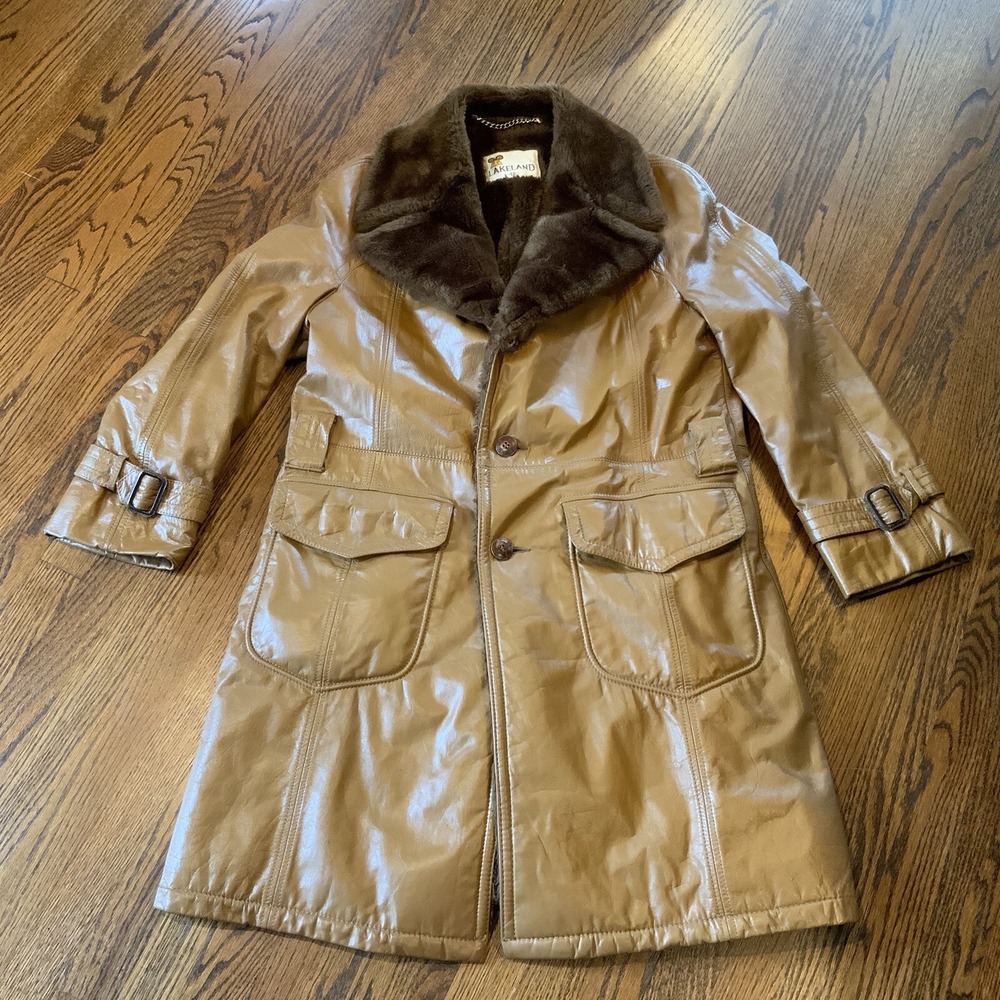 Women's Tan Faux Leather Trench Coat with Dark Brown Faux Fur Collar